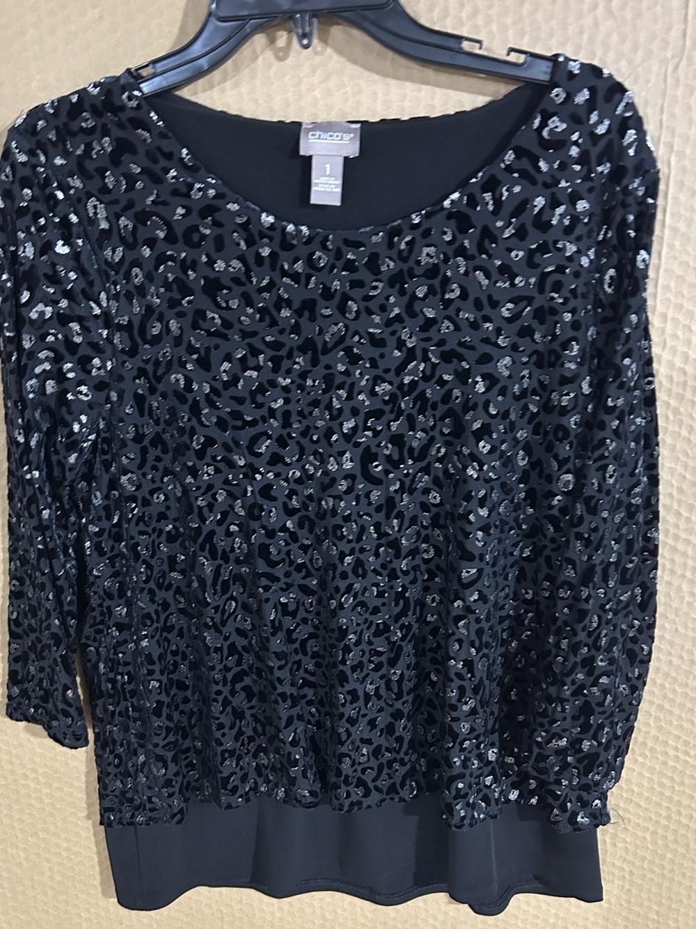 Chico's Black Sequin Leopard-Pattern Layered Long Sleeve Top